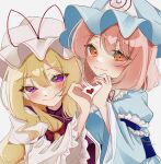  2girls blonde_hair blue_headwear blue_kimono blush closed_mouth dress frilled_kimono frills hair_between_eyes hat hat_ribbon heart heart_hands heart_hands_duo highres japanese_clothes kimono long_hair long_sleeves minase_melon5 mob_cap multiple_girls orange_eyes pink_hair purple_eyes red_ribbon ribbon saigyouji_yuyuko short_hair sidelocks simple_background sleeve_garter smile tabard touhou triangular_headpiece twitter_username white_background white_dress white_headwear wide_sleeves yakumo_yukari 