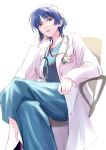  1girl absurdres aged_up black_footwear blue_hair bocchi_the_rock! crossed_legs doctor highres lab_coat light_smile lips mole mole_under_eye short_hair sitting solo stethoscope sushizanmai_(sorahaaoi7) yamada_ryo yellow_eyes 