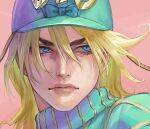  1boy blonde_hair blue_eyes blue_headwear blue_sweater closed_mouth commentary_request diego_brando hat jojo_no_kimyou_na_bouken lips long_hair looking_away male_focus oniyanagi pink_background portrait simple_background slit_pupils solo steel_ball_run sweater turtleneck turtleneck_sweater 