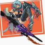  1girl alternate_costume armor black_gloves blue_eyes blue_hair breasts brown_footwear cleavage commentary elbow_gloves english_commentary fingerless_gloves full_body geta gloves hair_ornament heterochromia highres holding holding_weapon large_breasts looking_at_viewer orange_background red_eyes short_hair solo tatara_kogasa thighhighs tomatolover16 tongue tongue_out touhou weapon 
