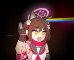  1girl animal_ears blue_archive brown_hair chikakei_(tsuki_no_chika_keikoku) dark_side_of_the_moon extra_ears fox_ears fox_girl fox_hair_ornament gloves halo hand_up highres izuna_(blue_archive) listening ninja partially_fingerless_gloves pink_floyd pink_halo scarf yellow_eyes 