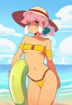  1girl armband artist_name bare_shoulders beach bikini blue_eyes blue_sky breasts cloud commentary cowboy_shot day english_commentary hat highres innertube looking_at_viewer medium_hair navel original outdoors sky small_breasts smile solo squeezable_(artist) stomach strapless strapless_bikini sun_hat swimsuit taffy_(squeezable) thighs white_hair yellow_bikini 