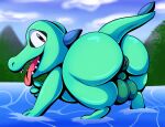  absurd_res anus balls butt feral generation_2_pokemon genitals hi_res looking_at_viewer looking_back male nintendo outside pokemon pokemon_(species) shiny_pokemon solo tepigfan101 totodile water 