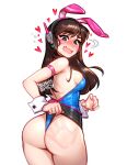  1girl alternate_costume animal_ears artist_name ass blush blushyspicy breasts brown_eyes brown_hair d.va_(overwatch) english_commentary facepaint facial_mark fake_animal_ears from_behind headphones highres leotard long_hair looking_at_viewer looking_back medium_breasts open_mouth overwatch playboy_bunny rabbit_ears slap_mark solo spanked strapless strapless_leotard whisker_markings wrist_cuffs 