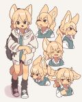  annoyed anthro backpack big_ears blonde_hair blush canid canine clothed clothing dress_shirt eyes_closed female fennec footwear fox fur hair happy hi_res jacket kemono mammal multiple_angles open_mouth ponytail shirt shoes simple_background smile sneakers solo standing sweater topwear unimpressed white_background yagi_the_goat yellow_body yellow_fur 