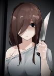  1girl absurdres black_eyes brown_hair closed_mouth commentary_request crazy_eyes dark expressionless go-toubun_no_hanayome hair_between_eyes hair_over_one_eye hand_up highres holding holding_knife indoors knife long_hair looking_at_viewer mame1645 nakano_miku off_shoulder one_eye_covered shaded_face shirt short_sleeves sidelocks solo straight-on upper_body white_shirt 