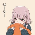  1girl backpack bag black_jacket blush danganronpa_(series) danganronpa_2:_goodbye_despair flipped_hair galaga gon_(congchuabuoito) hair_ornament hands_up highres holding jacket looking_down nanami_chiaki pink_hair red_eyes simple_background sleeves_past_wrists solo translation_request white_background 