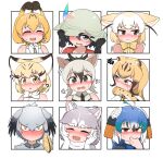  6+girls :d @_@ aardwolf_(kemono_friends) aardwolf_ears aardwolf_girl animal_ears bird_girl bird_wings black_gloves black_hair black_necktie black_shirt blonde_hair blue_bow blue_bowtie blue_eyes blue_hair blush blushing_girls_are_cute_(template) bow bowtie brown_eyes cat_ears cat_girl cheetah_(kemono_friends) cheetah_ears cheetah_girl chis_(js60216) closed_eyes collared_shirt covering_face dog_(mixed_breed)_(kemono_friends) dog_ears dog_tail ear_blush ears_down elbow_gloves embarrassed expressions extra_ears fangs fennec_(kemono_friends) flying_sweatdrops fox_ears fox_girl full-face_blush gloves green_eyes grey_hair grey_shirt hand_on_headwear hands_on_own_cheeks hands_on_own_face hat_tug head_wings helmet highres kaban_(kemono_friends) kemono_friends looking_at_viewer looking_to_the_side multicolored_hair multiple_drawing_challenge multiple_girls necktie no_mouth nose_blush orange_hair peafowl_(kemono_friends) pink_sweater pith_helmet print_bow print_bowtie print_gloves red_shirt sand_cat_(kemono_friends) scarf serval_(kemono_friends) shirt shoebill_(kemono_friends) short_hair sleeveless smile squiggle striped striped_shirt sweatdrop sweater tail traditional_bowtie trembling two-tone_shirt white_necktie white_scarf white_shirt wings yellow_bow yellow_bowtie yellow_eyes 