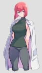  1girl black_pants blue_eyes bob_cut breasts closed_mouth glasses green_sweater grey_background heris_ardebit highres lab_coat large_breasts looking_at_viewer pants promare red_hair round_eyewear short_hair simple_background solo sweater takatsuki_ichi 