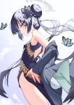  1girl black_dress black_hair blue_archive bluefish_0025 breasts bug butterfly china_dress chinese_clothes dress grey_eyes highres kisaki_(blue_archive) long_hair looking_at_viewer looking_back simple_background small_breasts solo thighs white_background 