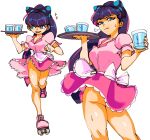  1girl 3amsoda absurdres apron ass blue_eyes blue_hair blunt_bangs bow bowtie breasts cleavage cup dress highres holding holding_cup holding_plate large_breasts long_hair looking_at_viewer maid_apron multicolored_hair multiple_views panty_&amp;_stocking_with_garterbelt pink_dress pink_hair plate roller_skates skates smile sparkle stocking_(psg) sweat teeth two-tone_hair upper_teeth_only waitress white_bow white_bowtie 