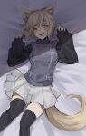  1girl ahoge animal_ear_fluff animal_ears bed_sheet black_socks blonde_hair blush facing_viewer feet_out_of_frame from_above grey_skirt hands_up head_tilt knees_together_feet_apart long_bangs long_sleeves looking_to_the_side medium_hair miniskirt on_bed open_mouth orange_eyes pleated_skirt puffy_long_sleeves puffy_sleeves raised_eyebrows shadow skirt sleeves_past_wrists smile socks solo sweater tail teeth thighhighs turtleneck turtleneck_sweater upper_teeth_only urotsuki wolf_ears wolf_girl wolf_tail yume_2kki zahyou233 zettai_ryouiki 