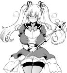  1girl blush bow bowtie breasts character_request cleavage closed_mouth commentary_request copyright_request dress greyscale highres himajin_noizu holding holding_staff huge_breasts long_hair looking_at_viewer monochrome simple_background smile solo staff sweat thighhighs twintails 