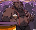  anthro bear_pride_colors body_hair bottomwear bulge chest_hair clothing gesturing_at_viewer hi_res holding_beer male mammal musclegut nanoff nightclub nipples pants shirtless smile smiling_at_viewer solo suarez_(nanoff) suid suina sus_(pig) suspenders wild_boar 