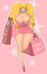  1girl babie_fluff bag bare_arms bare_shoulders blonde_hair blue_eyes breasts brooch bursting_breasts chain character_name choker cleavage collarbone curvy dress earrings english_text eyelashes eyeshadow full_body glint gold_chain hair_tie highres holding holding_bag huge_breasts jewelry knees leg_up legs legs_together lips long_hair looking_up makeup mario_(series) microdress nail_polish no_socks nose outline panties pantyshot parted_lips pink_background pink_choker pink_dress pink_eyeshadow pink_footwear pink_nails platform_footwear princess_peach shiny_skin shopping_bag solo sphere_earrings standing standing_on_one_leg star_(symbol) starry_background thick_lips thighs toenail_polish toenails toes twintails underwear white_outline white_panties wide_hips 