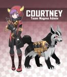  1girl belt black_gloves black_pants boots character_name courtney_(pokemon) english_text fingerless_gloves gloves gun highres holding holding_gun holding_weapon hood horned_hood horns knee_boots looking_at_viewer mightyena pants pokemon pokemon_(creature) pokemon_(game) pokemon_oras purple_eyes purple_hair red_footwear short_hair thegraffitisoul weapon 