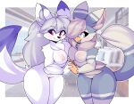  anthro avian beak biped bird blush breasts canid canine canis duo female fur genitals hair hand_holding hi_res inner_ear_fluff leah_(gabeny) mammal miikotorii nipples nude pussy red_eyes smile tail tuft white_body white_fur wolf 