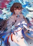  1girl absurdres bare_shoulders blue_sky breasts brown_eyes brown_hair china_dress chinese_clothes cleavage closed_mouth cloud cloudy_sky cowboy_shot dress elbow_gloves fingerless_gloves gloves hair_ornament highres honkai_(series) honkai_impact_3rd large_breasts li_sushang li_sushang_(jade_knight) long_hair looking_at_viewer outdoors silence_(pixiv18541142) sky smile sword twintails very_long_hair watermark weapon white_dress white_gloves 