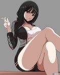  1girl artist_name beautiful_gunbari black_hair black_shorts breasts brown_eyes cigarette cleavage crossed_legs feet_out_of_frame grey_background holding holding_cigarette im-dana jacket large_breasts long_hair looking_at_viewer marheit mole mole_under_eye open_clothes open_jacket shirt shorts simple_background sitting solo thighs tobacco white_shirt 