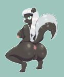  absurd_res anthro anus big_breasts big_butt breasts butt female fur genitals green_eyes hair hi_res looking_at_viewer looking_back maldoando mammal mephitid nipples nude presenting pussy simple_background skunk smile solo tail thick_thighs wide_hips 