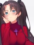  1girl absurdres aqua_eyes black_bow blush bow brown_hair closed_mouth fate/stay_night fate_(series) grey_background hair_bow head_rest highres long_hair long_sleeves mamesuke_(mamesuke_01) red_sweater simple_background solo sweater tohsaka_rin twintails upper_body very_long_hair 