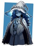  1girl absurdres blue_eyes blue_hair blue_skin blue_theme breasts cloak collarbone colored_skin cracked_skin dress elden_ring english_commentary extra_arms extra_faces fur-trimmed_cloak fur_trim hat_ornament highres large_hat long_hair long_sleeves looking_at_viewer one_eye_closed own_hands_together raised_eyebrow ranni_the_witch simple_background small_breasts smile solo wavy_hair white_cloak white_dress white_headwear whitedogstudios wide_sleeves 
