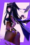  1girl absurdres armlet ass black_hair book bracelet breasts fire_emblem fire_emblem_awakening floating floating_book floating_object hand_on_own_hip highres jewelry light_smile long_hair looking_at_viewer looking_back nem_graphics purple_background tharja_(fire_emblem) 