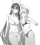  2girls ahoge blue_archive bra breasts clenched_teeth closed_mouth collarbone earrings glasses grey_hair halo highres jewelry kaya_(blue_archive) large_breasts long_hair looking_at_viewer multiple_girls navel panties poi rin_(blue_archive) sidelocks small_breasts stomach teeth tori_udon underwear underwear_only very_long_hair 
