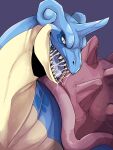  3:4 absurd_res ambiguous_gender blue_body blue_tongue bodily_fluids drooling feral generation_1_pokemon hi_res horn imperatorcaesar lapras looking_at_viewer nintendo open_mouth pokemon pokemon_(species) purple_background saliva shell simple_background solo teeth tongue yellow_body 
