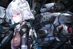  1girl 1other 621_(armored_core_6) absurdres armored_core armored_core_6 bandaged_arm bandaged_head bandages battle_damage blunt_bangs commentary_request emblem expressionless flat_chest from_side greatwhite1122 hair_between_eyes highres looking_at_viewer mecha mechanical_parts pilot_suit red_eyes robot short_hair skin_tight white_hair 