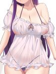  1girl breasts cleavage collarbone covered_navel covered_nipples dress fern_(sousou_no_frieren) frills head_out_of_frame highres huge_breasts lingerie long_hair panties partially_visible_vulva purple_hair purple_panties see-through see-through_dress shiroi_ume short_dress simple_background solo sousou_no_frieren thong underwear very_long_hair white_background white_dress 