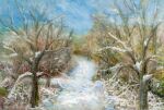  amima_amita bare_tree blue_sky forest highres nature no_humans original painting_(medium) pastel_(medium) path scenery sky snow traditional_media tree 