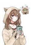  1girl animal_hood berry black_choker brown_eyes brown_hair brown_hoodie choker clipe coffee_cup crossed_bangs cup disposable_cup drinking drinking_straw earrings ears_through_headwear food-themed_earrings friend_(nanashi_mumei) holding holding_cup hololive hololive_english hood hood_up hoodie hootsie_(nanashi_mumei) jewelry long_hair looking_at_viewer multicolored_hair nail_art nanashi_mumei necklace official_alternate_costume oversized_clothes red_shirt runes shirt sleeves_past_wrists starbucks streaked_hair sweater virtual_youtuber white_sweater 