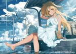  1girl bare_shoulders bird blonde_hair blush cloud day dress hat hololive kotatiyu long_hair looking_at_viewer outdoors pointy_ears seagull shiranui_flare sitting sky smile solo sun_hat teeth wading water white_dress 