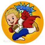  1boy blonde_hair blue_eyes bodysuit boku_no_hero_academia boots deformed english_text full_body highres kicking looking_at_viewer male_focus midair muscular muscular_male open_mouth pants short_hair smile solid_oval_eyes solo spiked_hair spread_legs superhero togata_mirio ucho_coo white_bodysuit 