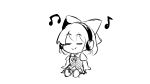  bow chibi cirno closed_eyes closed_mouth commentary dress english_commentary ferdy&#039;s_lab full_body greyscale hair_bow headphones highres monochrome musical_note short_hair short_sleeves sitting smile touhou 