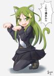  1girl akashieru animal_ears artist_logo artist_name black_pantyhose black_serafuku black_shirt black_skirt cat_ears cat_tail commentary_request crescent crescent_hair_ornament fang green_eyes green_hair hair_ornament highres kantai_collection long_hair looking_at_viewer nagatsuki_(kancolle) necktie pantyhose paw_pose pleated_skirt school_uniform serafuku shirt simple_background skirt solo squatting tail translation_request white_background white_necktie 