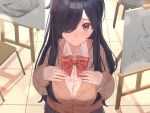  1girl akira_tooru black_hair blazer blue_skirt bow bowtie brown_jacket chair closed_mouth collared_shirt commentary_request easel hair_over_one_eye hands_on_own_chest highres indoors jacket long_hair long_sleeves looking_at_viewer one_eye_covered original partial_commentary pleated_skirt purple_eyes red_bow red_bowtie school_uniform shirt skirt solo white_shirt 