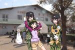  3girls akiyama_yukari black_hair blush boko_(girls_und_panzer) brown_eyes brown_hair camouflage camouflage_jacket camouflage_pants closed_eyes girls_und_panzer hat highres jacket kawashima_momo key_(gaigaigai123) monocle multiple_girls open_mouth outdoors pants short_hair smile stuffed_toy 