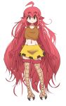  1girl absurdres ahoge animal_ears bird_ears bird_legs brown_eyes brown_tank_top coco_(eogks) feathers harpy highres long_hair midriff monster_girl navel nn_(eogks) original red_feathers red_hair red_wings simple_background skirt solo talons tank_top very_long_hair white_background winged_arms wings yellow_skirt 