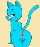  anthro anus black_eyes blue_body butt cartoon_network domestic_cat felid feline felis female flat_colors from_behind_position genitals hi_res looking_at_viewer looking_back m0rt1337 mammal nicole_watterson nude presenting presenting_anus pussy rear_view sex simple_background smile solo the_amazing_world_of_gumball 