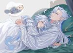  1boy 1girl animal bed blue_hair blush ceyce05e closed_eyes closed_mouth furina_(genshin_impact) genshin_impact grey_hair hair_between_eyes leisurely_otter_(genshin_impact) long_hair long_sleeves lying male_focus multicolored_hair neuvillette_(genshin_impact) on_back on_bed on_stomach pajamas sleeping sleeping_on_person twitter_username very_long_hair white_pajamas 