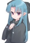  1girl absurdres aqua_hair black_bow black_capelet black_shirt bow buttons capelet clenched_hand expressionless forehead fur-trimmed_capelet fur_trim hair_bow hair_intakes half_updo hand_up highres len_(tsukihime) long_hair long_sleeves looking_at_viewer parted_bangs parted_lips pointy_ears pom_pom_(clothes) red_eyes shirt sidelocks simple_background solo straight_hair tamura-chan tsukihime upper_body white_background 