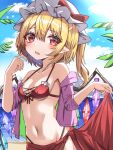  1girl absurdres beach belly bikini blonde_hair blush breasts cleavage flandre_scarlet hand_up highres kiui_(dagk8254) leaf looking_at_viewer navel open_mouth outdoors pointy_ears red_bikini red_eyes sky small_breasts swimsuit touhou white_headwear 