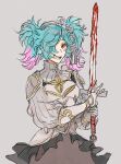  1girl armor blood blood_on_weapon blue_hair fire_emblem fire_emblem_fates hair_over_one_eye holding holding_sword holding_weapon multicolored_hair open_mouth peri_(fire_emblem) red_eyes shourou_kanna smile sword teeth turtleneck twintails two-tone_hair upper_teeth_only weapon 