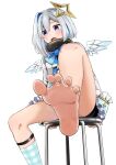  1girl amane_kanata angel_wings aqua_socks asymmetrical_hair barefoot black_shorts blue_bow blue_bowtie blue_hair blush bow bowtie chair colored_inner_hair commentary_request feathered_wings feet foot_focus foot_out_of_frame foot_up foreshortening frilled_skirt frills grey_hair hair_between_eyes halo highres hololive knee_up long_sleeves medium_hair mini_wings miniskirt multicolored_hair open_mouth pink_hair plaid_socks shorts shorts_under_skirt simple_background single_bare_leg single_hair_intake sitting skirt socks soles solo spread_toes star_halo streaked_hair thighs toe_scrunch toes virtual_youtuber watanabe_masafumi_(masafumi_127) white_background wings 