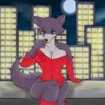  1:1 2023 andrewp0rcupine anthro beastars big_breasts blue_eyes breast_grab breasts canid canine canis city city_background clothing digital_drawing_(artwork) digital_media_(artwork) female fur grey_body grey_fur hand_on_breast hi_res juno_(beastars) light mammal moonlight night pinup pose red_clothing shaded sitting solo touching_breast wolf 