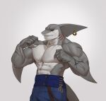  abs absurd_res anthro biceps clothing digital_drawing_(artwork) digital_media_(artwork) edvardiko fin fish gills hi_res kuyo looking_at_viewer male marine muscular muscular_anthro muscular_male nipples pecs piercing scar shark shirtless shirtless_male solo standing 