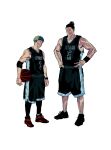  2boys alternate_costume ball basketball_(object) basketball_uniform black_hair black_shorts highres itadori_yuuji jujutsu_kaisen leggings_under_shorts looking_at_viewer male_focus multiple_boys muscular muscular_male nandemotokasu scar scar_across_eye shirt short_hair shorts sideburns sleeveless sleeveless_shirt smile sportswear toudou_aoi_(jujutsu_kaisen) undercut 