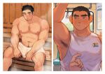  2boys abs arm_hair armpit_hair bara black_hair blush body_hair bus_interior chest_hair dark-skinned_male dark_skin earrings facial_hair feet_out_of_frame glasses goatee hairy highres jewelry kim_liong_(shan) large_pectorals leg_hair lgbt_pride long_sideburns looking_at_viewer looking_away male_focus mature_male multiple_boys muscular muscular_male navel_hair nipples original pectorals pov pov_hands rainbow_flag sauna see-through shan_(shanshankuo) short_hair sideburns stomach sweat thick_eyebrows topless_male towel_around_waist tsi-ho_(shan) 